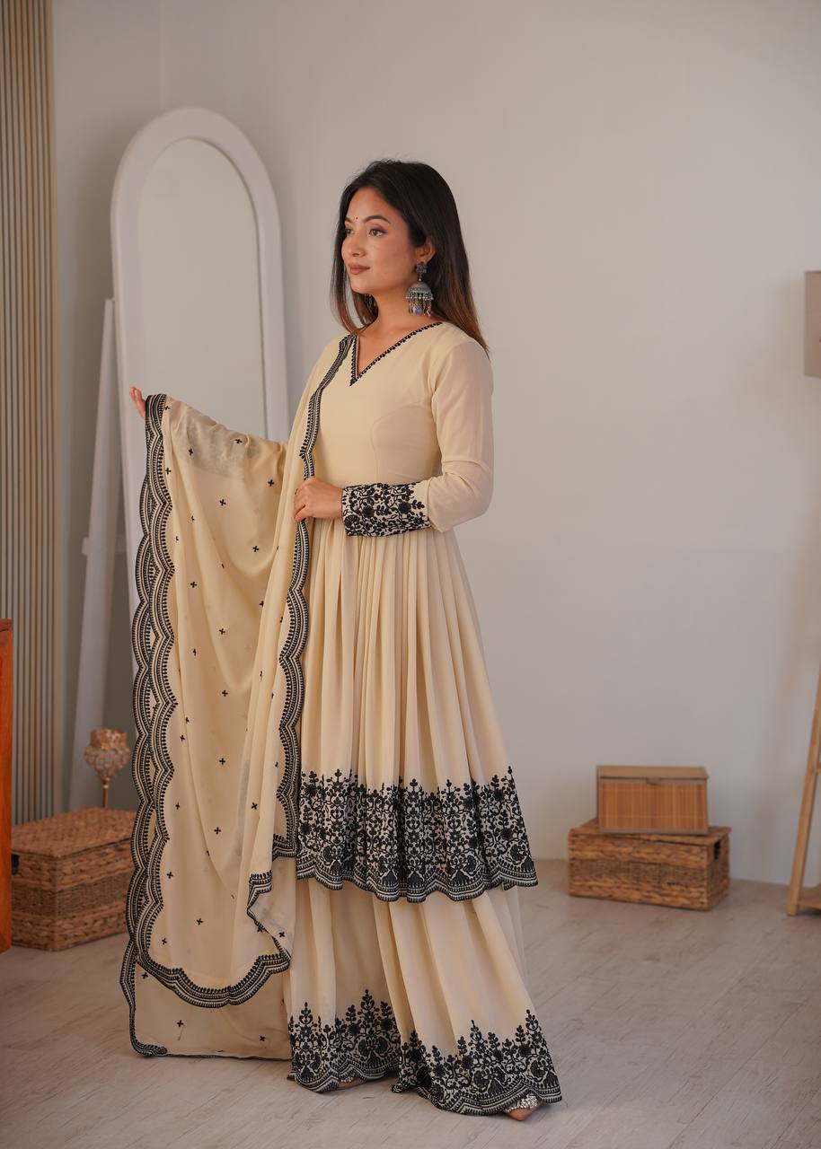 Beige Embroidered Anarkali Suit with Designer Dupatta