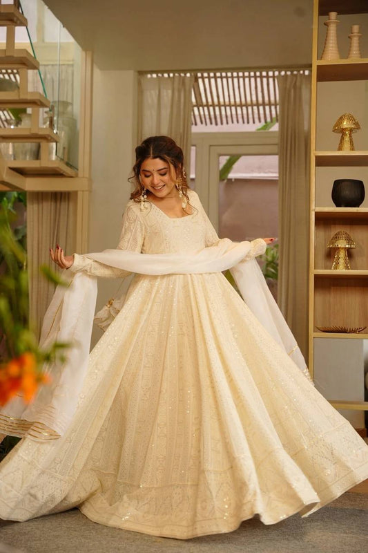 Elegant Ivory Embroidered Anarkali Gown Set