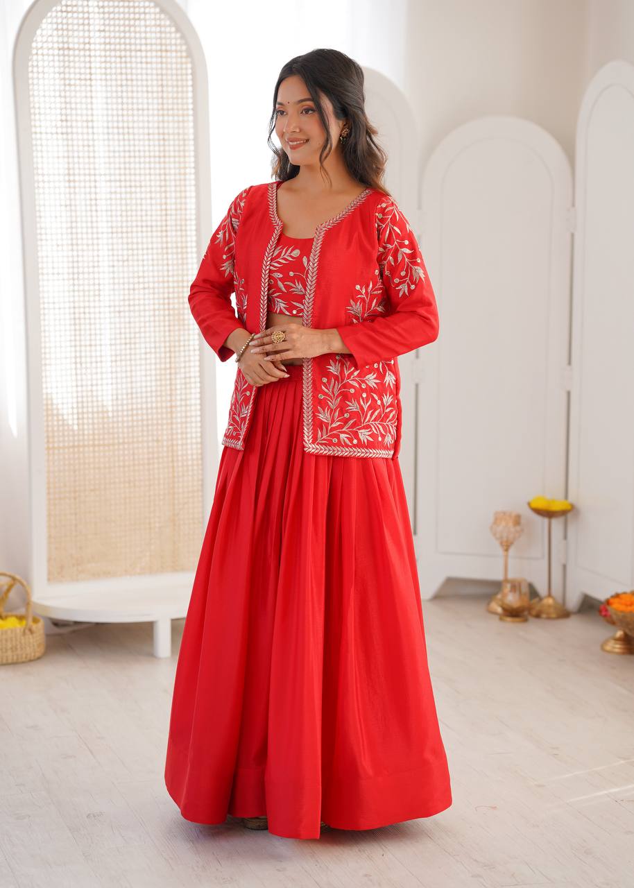 Red Embroidered Lehenga Set with Designer Jacket