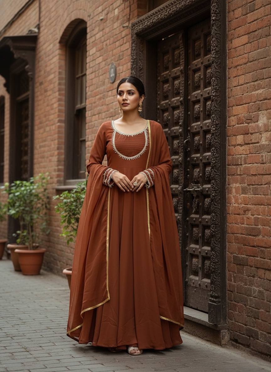 Elegant Rust Anarkali Dress with Embellished Neckline