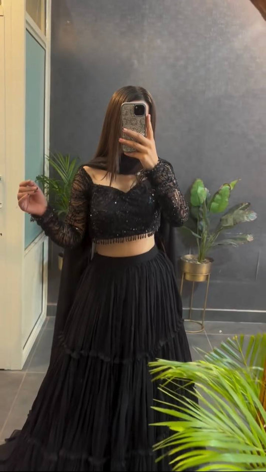 Midnight Black Ruffle Style Lehenga Choli Set with Sequence Work