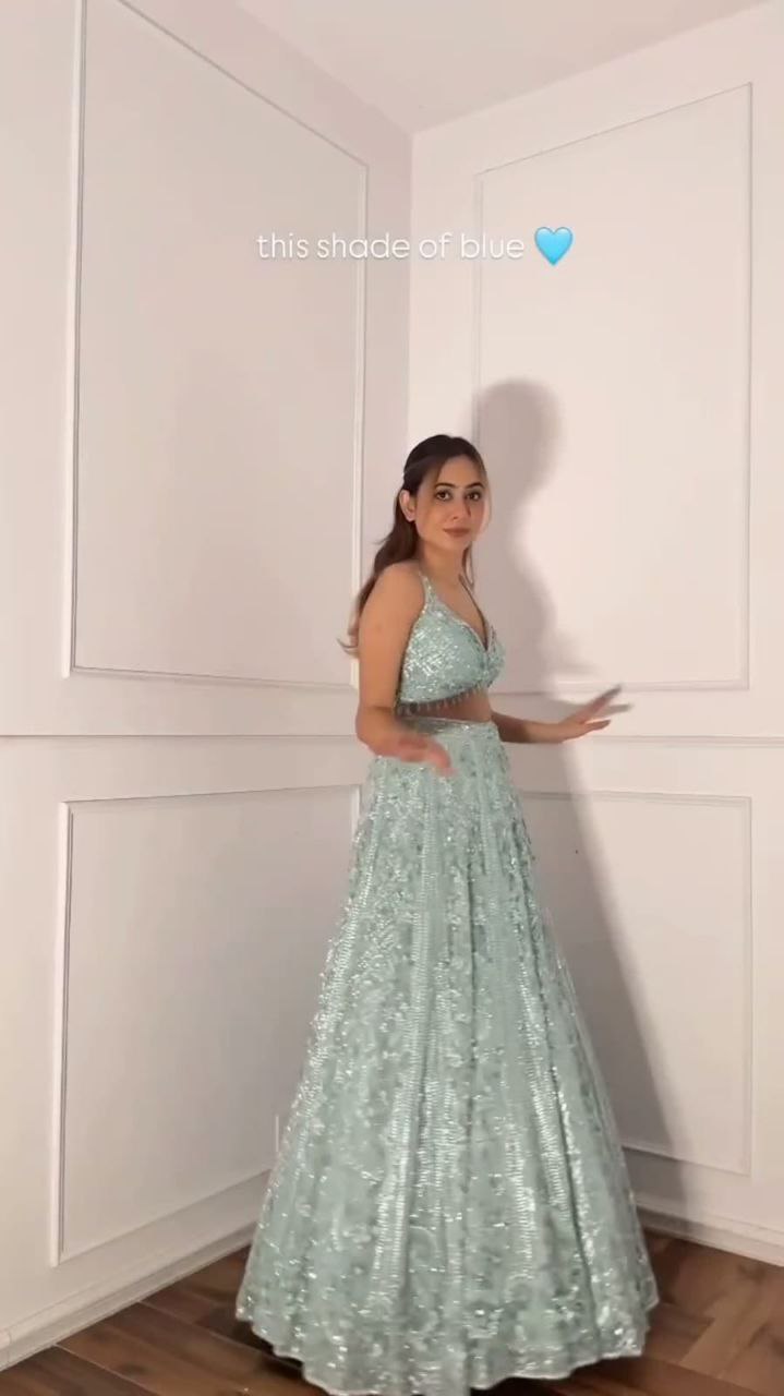 Sky Blue Sequins and Resham Embroidered Net Lehenga Choli Set