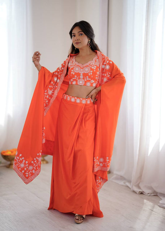 Vibrant Orange Embroidered Drape Skirt Set with Dupatta