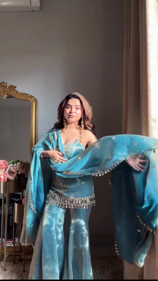 Teal Mirror-Embellished Kurta Set with Flared Pants and Dupatta