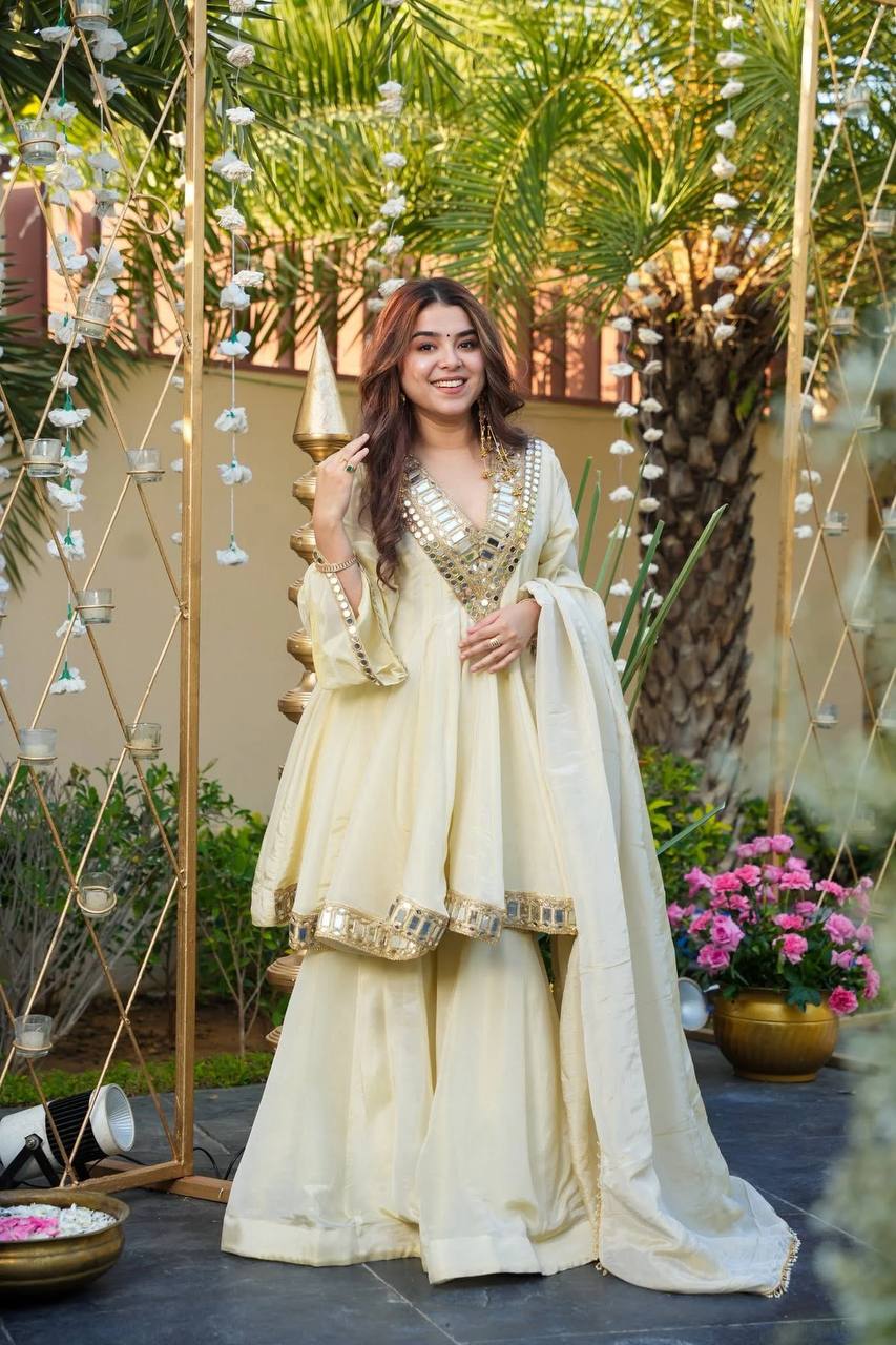 Ivory Mirror-Embellished Festive Kurta Set with Dupatta