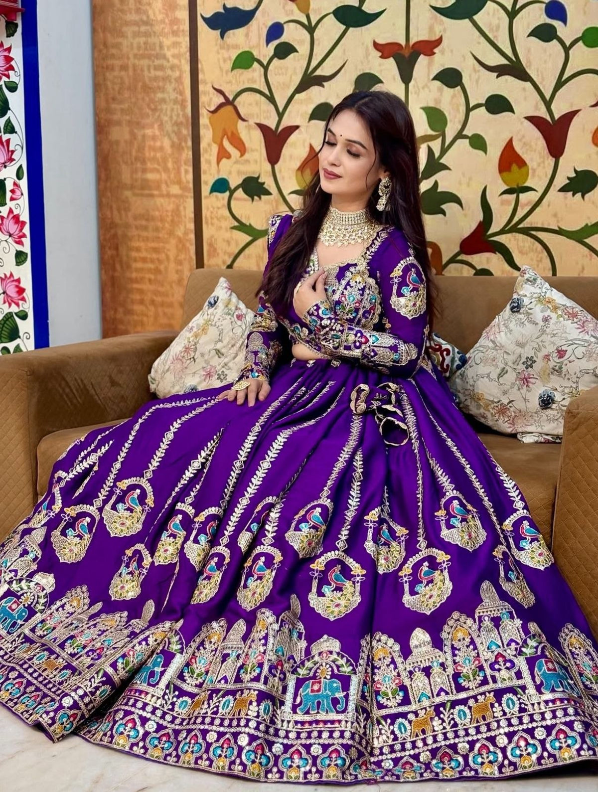 Royal Purple Embroidered Designer Lehenga Gown