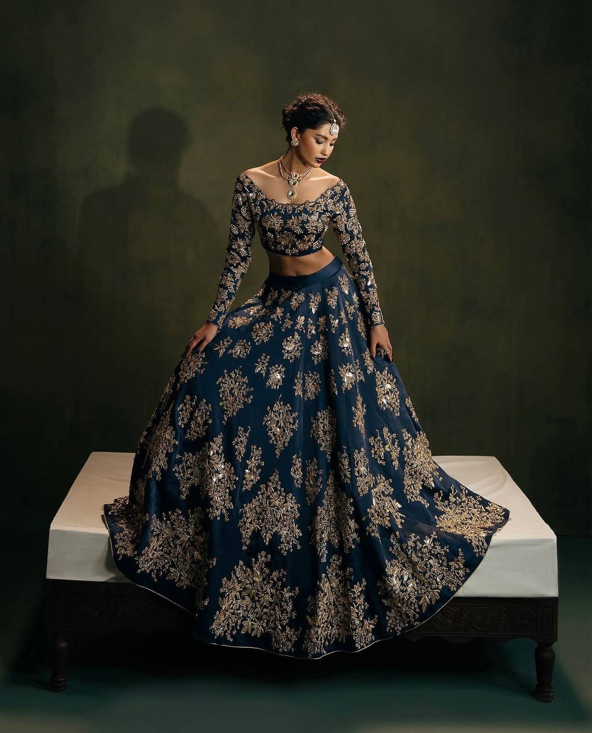 Royal Navy Blue Lehenga Set with Intricate Gold Embroidery