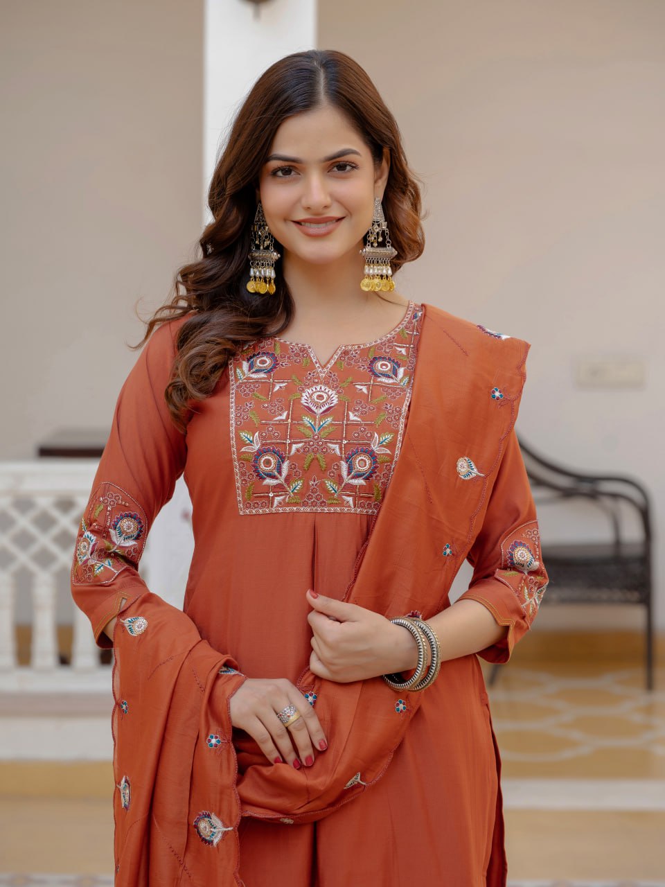 Pure Viscose Mango Silk Embroidered Kurta Set