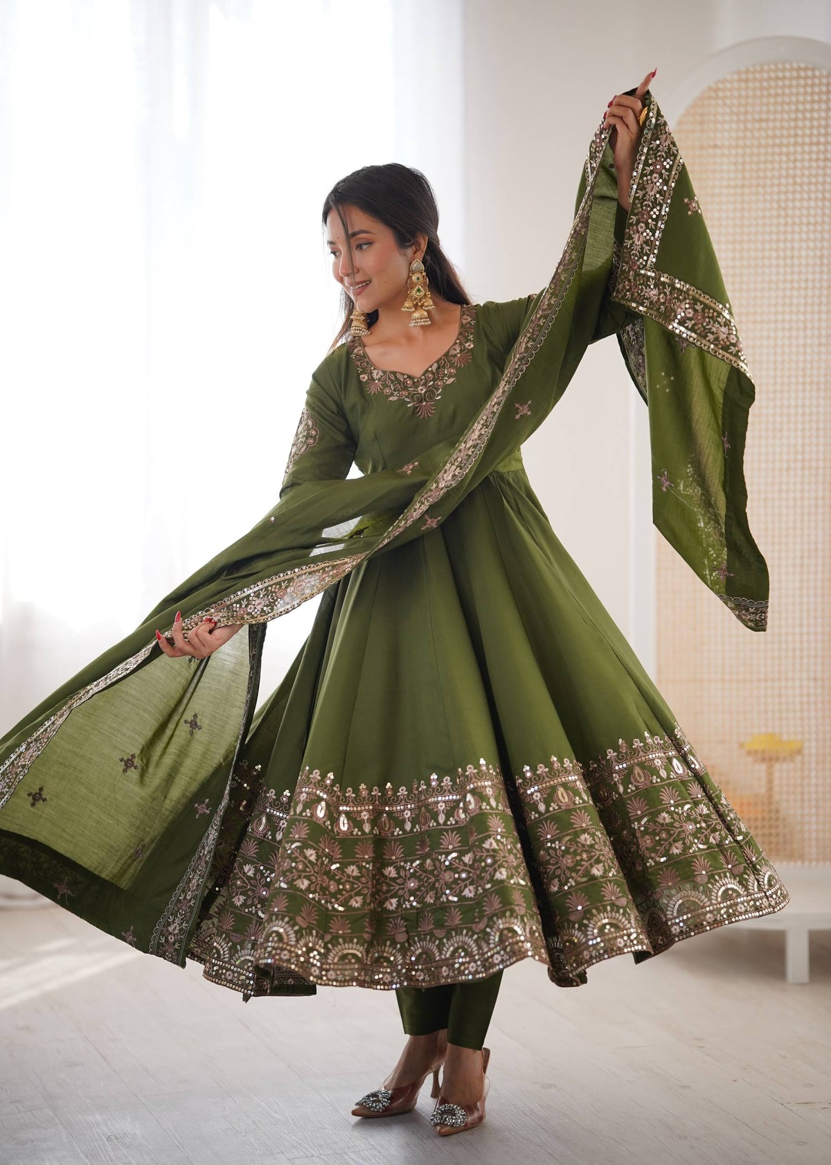Mehendi Green Roman Silk Embroidered Anarkali Set