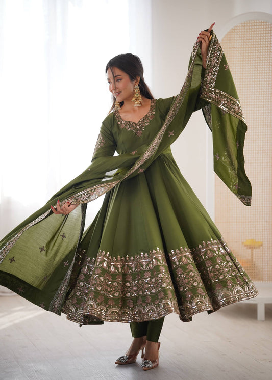 Mehendi Green Roman Silk Embroidered Anarkali Set