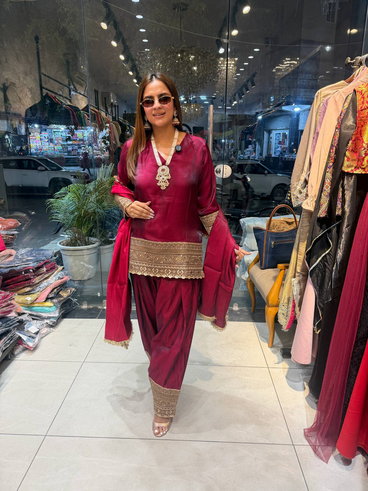 Deep Wine Embroidered Kurta Set with Patiala Pants and Dupatta