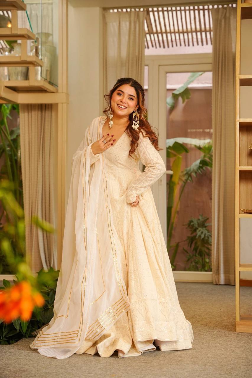Elegant Ivory Embroidered Anarkali Gown Set