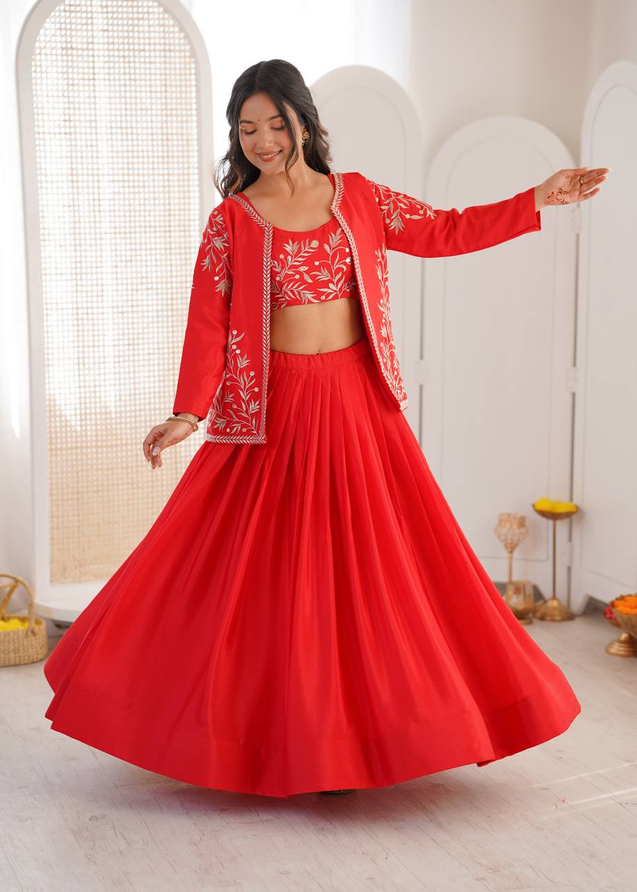 Red Embroidered Lehenga Set with Designer Jacket