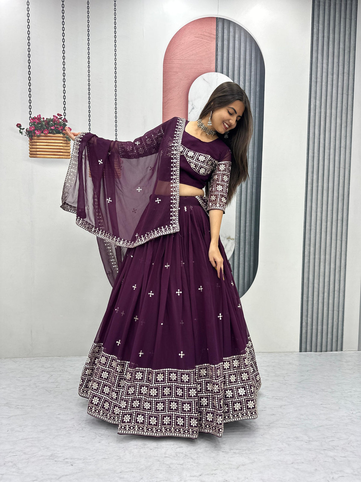 Plum Embroidered Lehenga Choli with Dupatta