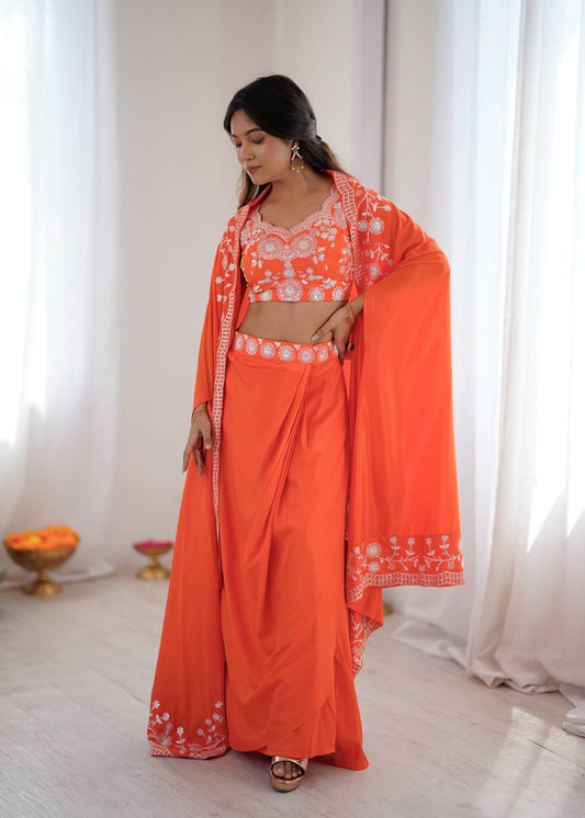 Vibrant Orange Embroidered Drape Skirt Set with Dupatta