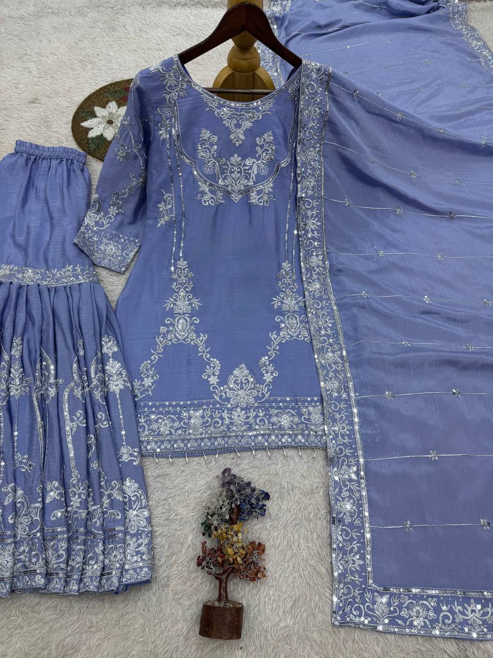 Powder Blue Chinon Sharara Suit with Sequence Work