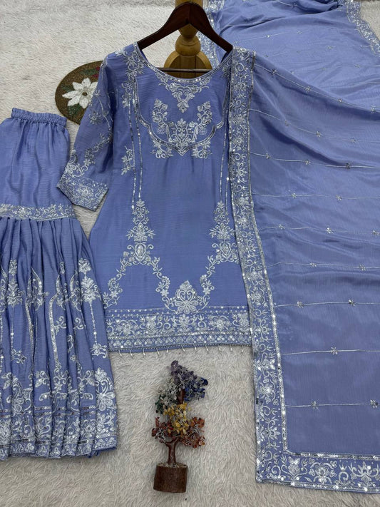 Powder Blue Chinon Sharara Suit with Sequence Work
