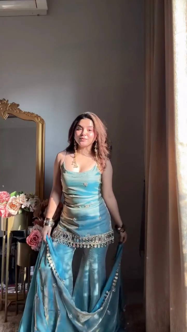 Teal Mirror-Embellished Kurta Set with Flared Pants and Dupatta