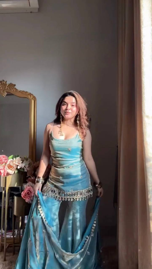 Teal Mirror-Embellished Kurta Set with Flared Pants and Dupatta