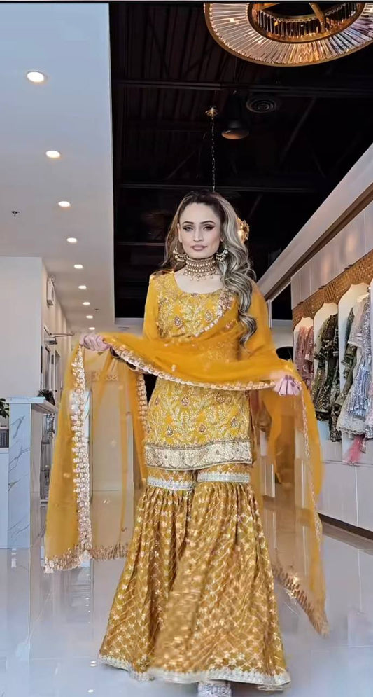Mustard Yellow Embroidered Sharara Suit with Dupatta