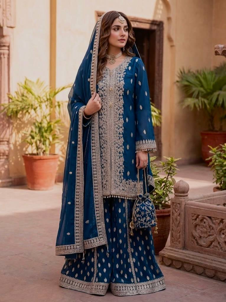 Royal Blue Embroidered Kurta Sharara Set with Dupatta