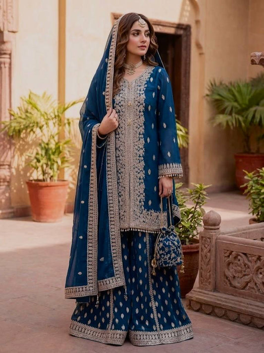 Royal Blue Embroidered Kurta Sharara Set with Dupatta