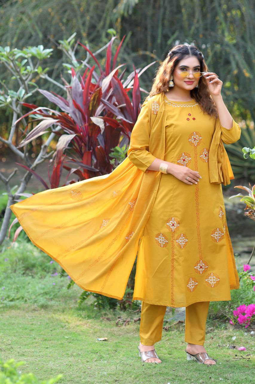 Mustard Pure Cotton Real Mirror Work A-Line Kurti Set