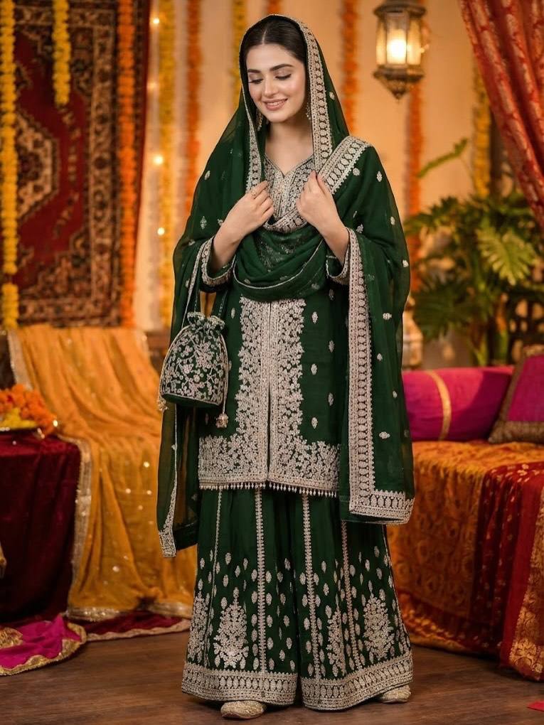 Emerald Embroidered Kurta Sharara Set with Dupatta & Potli Bag