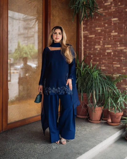 Navy Blue Embroidered Kurta Palazzo Set with Dupatta
