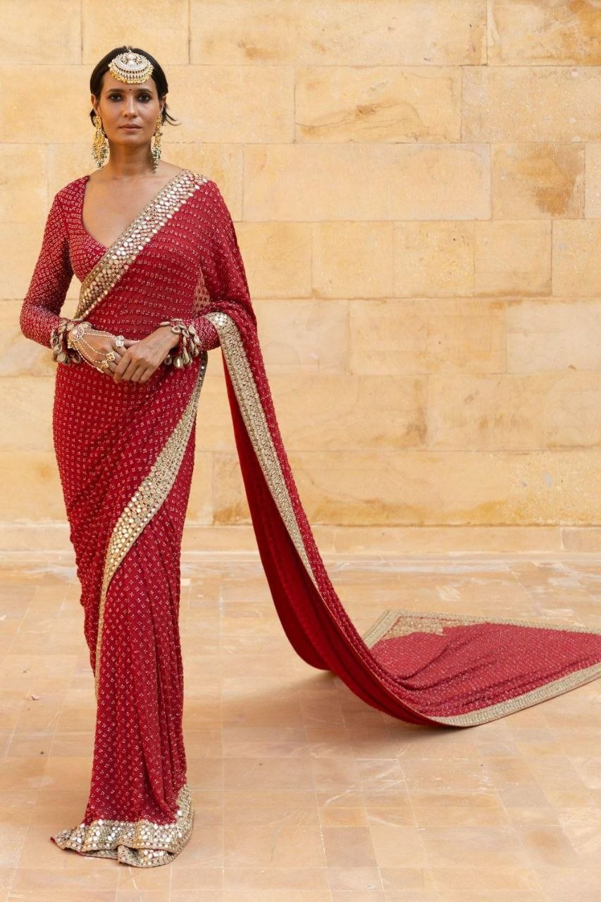 Red Georgette Mirror and Sequence Embroidery Saree