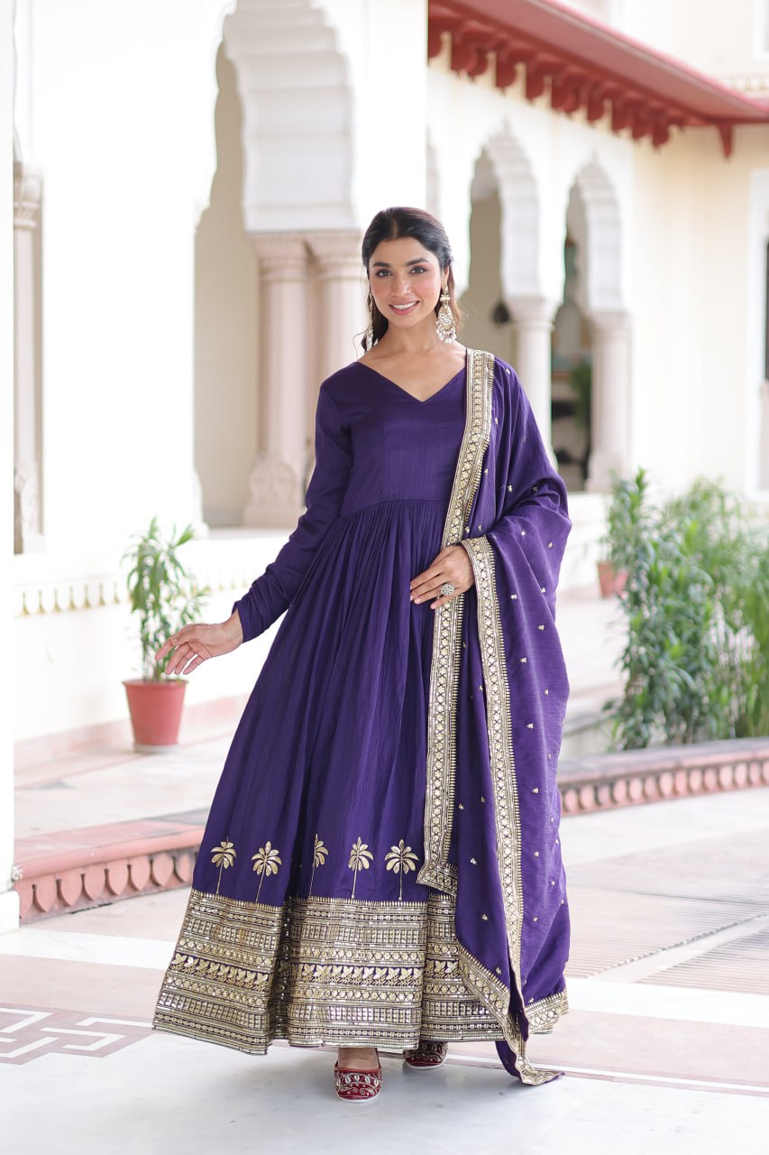 Royal Purple Vichitra Silk Anarkali Gown with Rich Sequins Embroidery