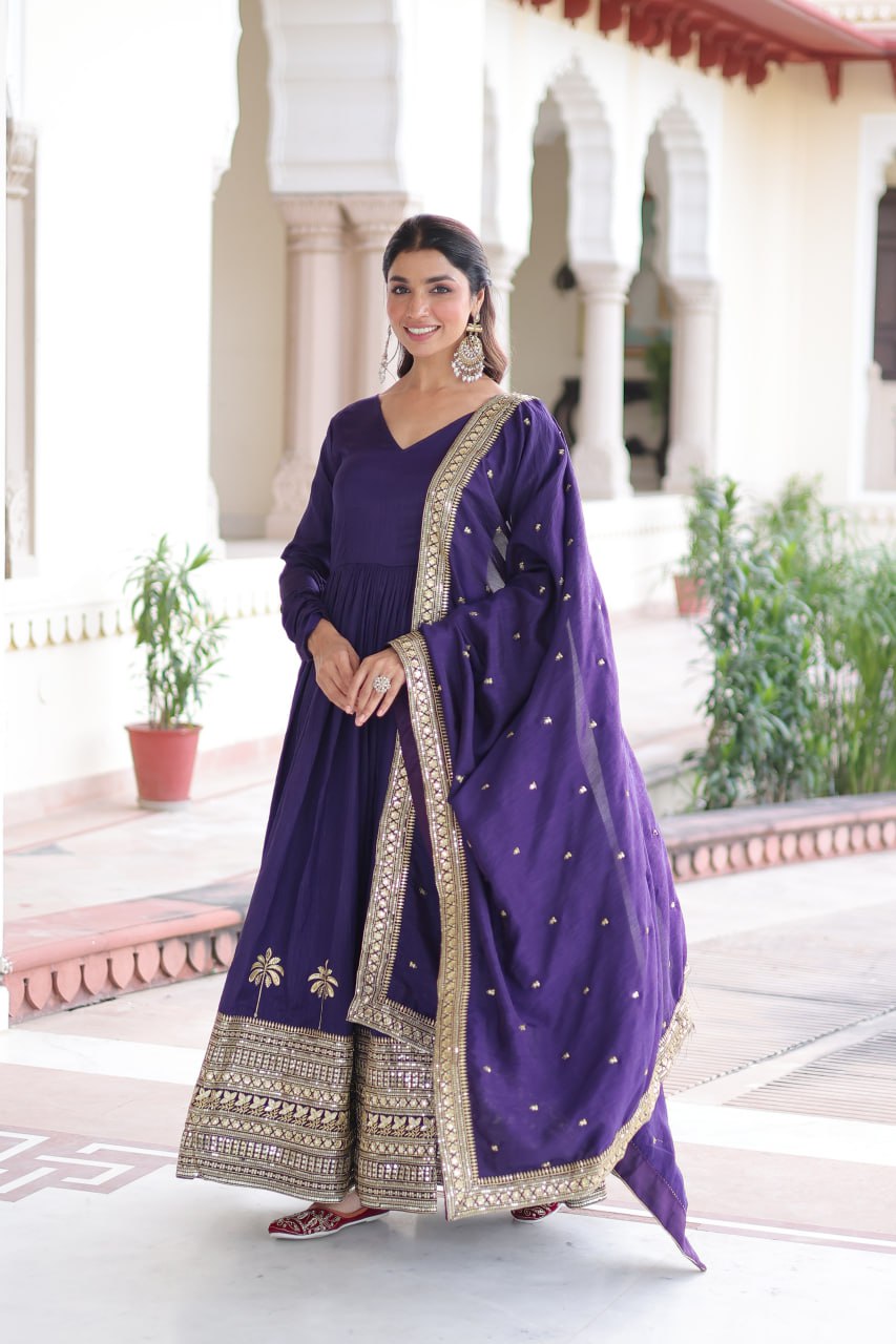 Royal Purple Vichitra Silk Anarkali Gown with Rich Sequins Embroidery