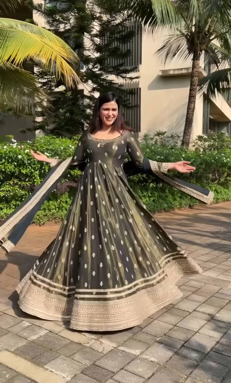 Elegant Olive Green Anarkali Gown with Zari Border