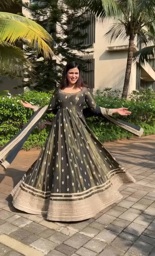 Elegant Olive Green Anarkali Gown with Zari Border