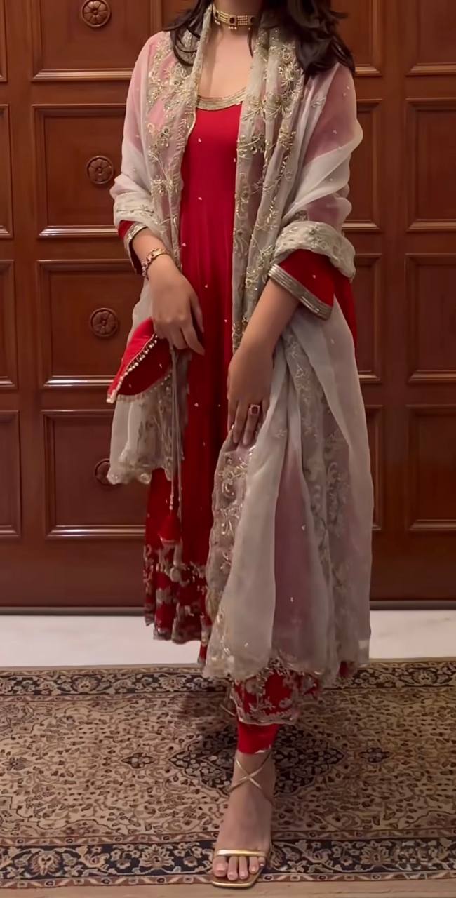 Red Embroidered Anarkali Suit with Organza Dupatta