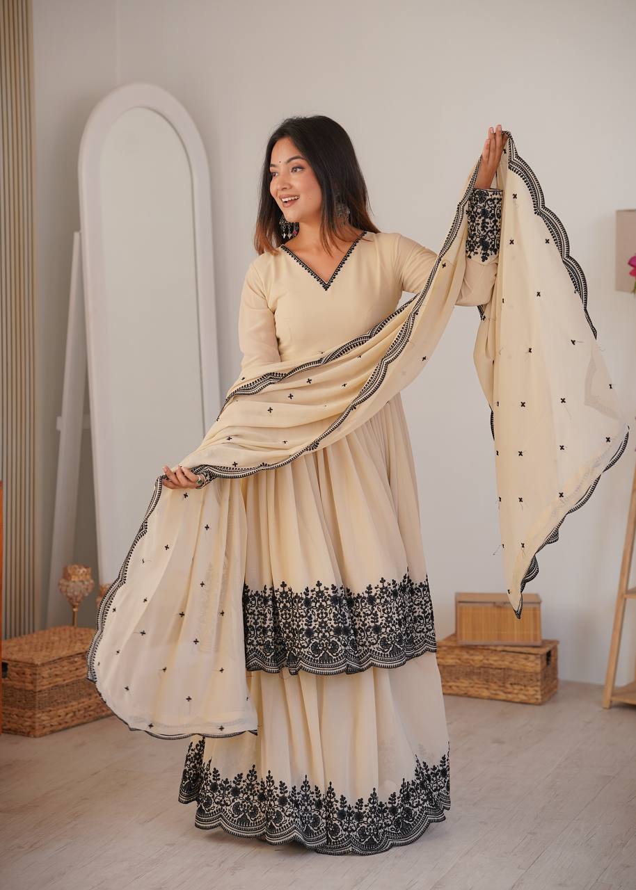 Beige Embroidered Anarkali Suit with Designer Dupatta