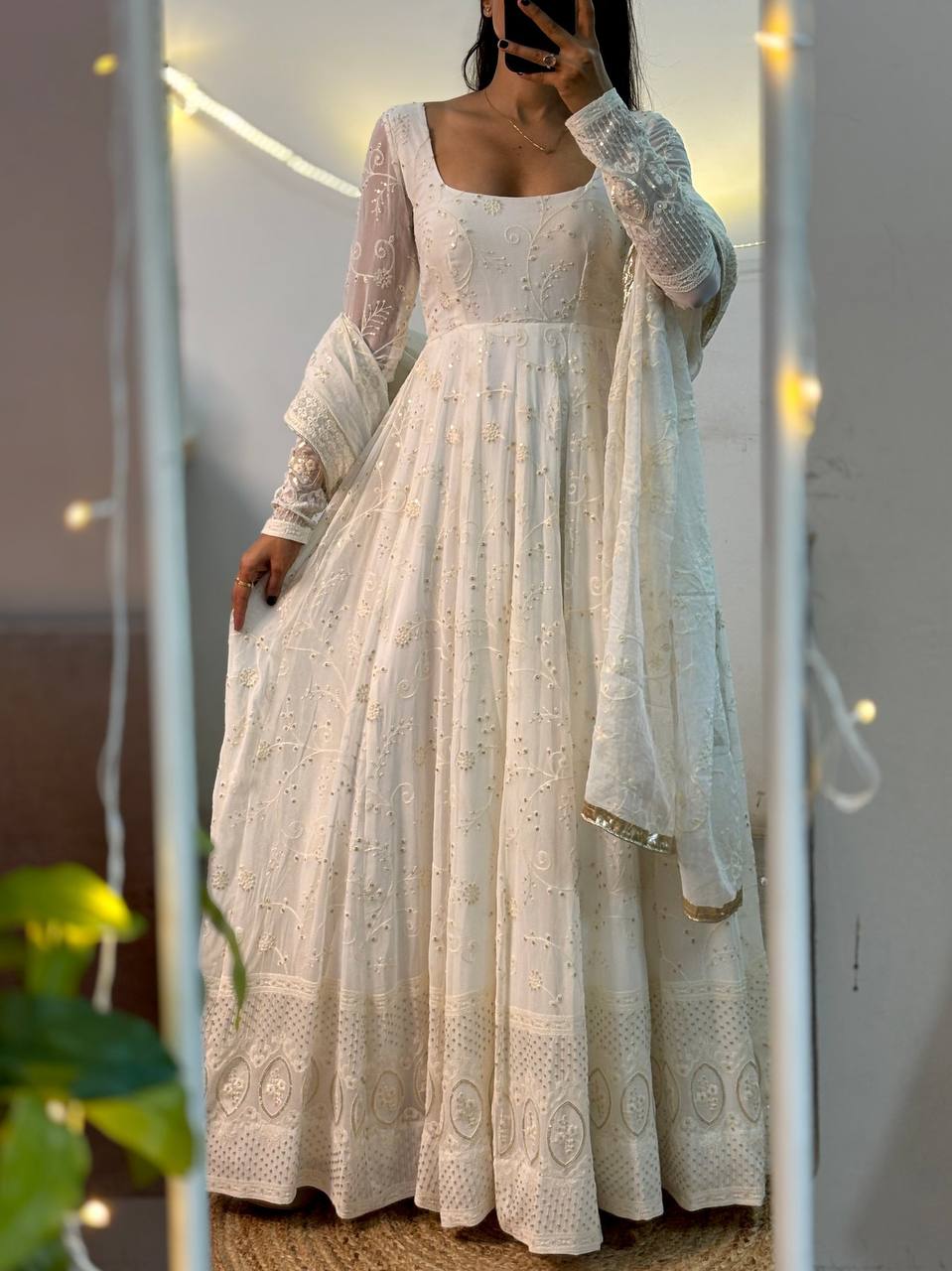 Ivory Embroidered Anarkali Set with Sheer Dupatta