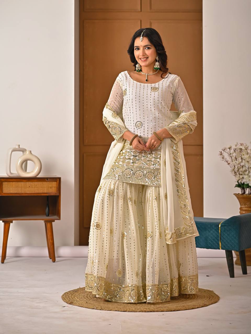 Ivory Embroidered Kurta with Flared Sharara and Dupatta Set