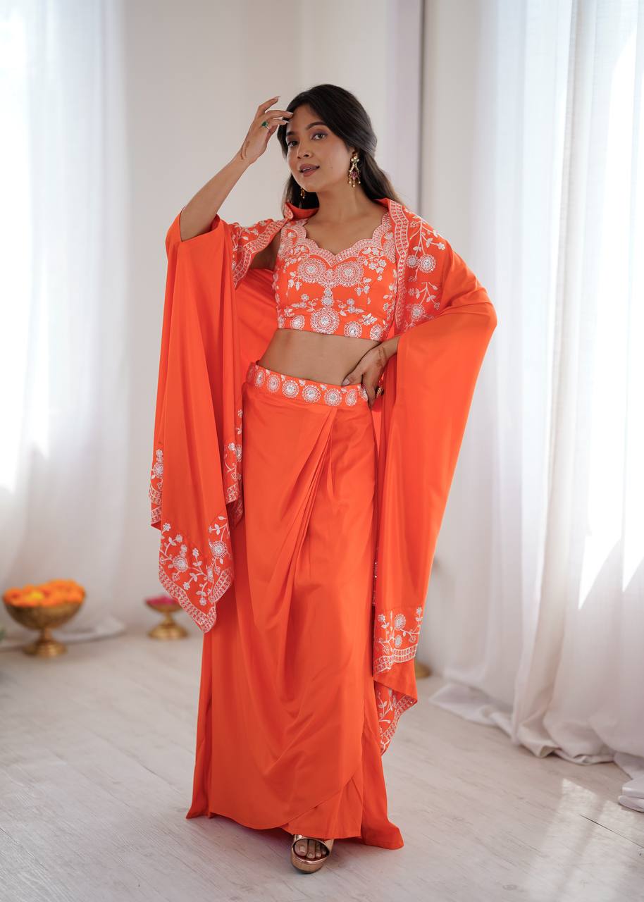 Vibrant Orange Embroidered Drape Skirt Set with Dupatta