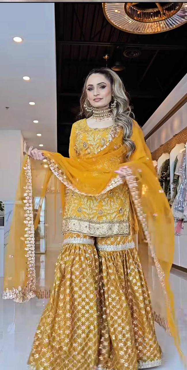 Mustard Yellow Embroidered Sharara Suit with Dupatta