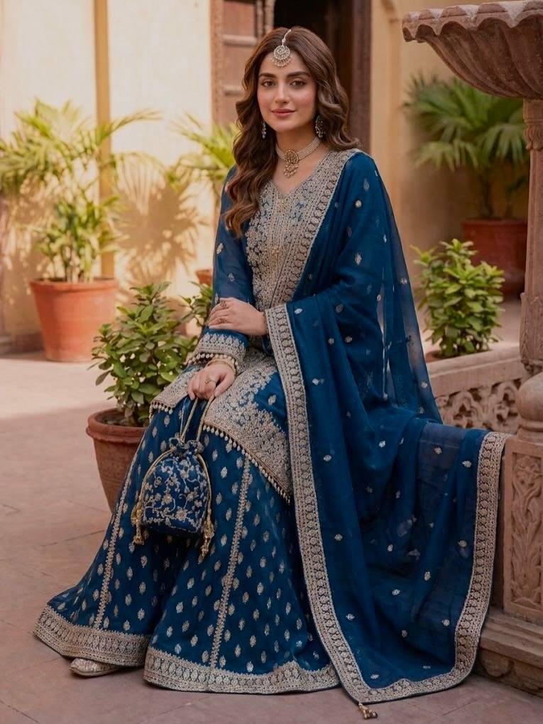 Royal Blue Embroidered Kurta Sharara Set with Dupatta