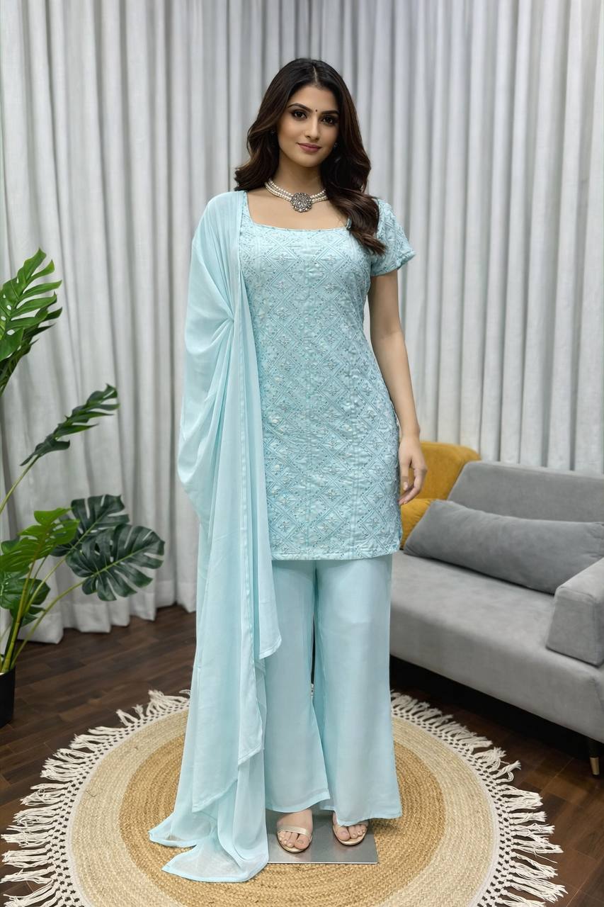 Pastel Blue Embroidered Kurta Palazzo Set with Dupatta