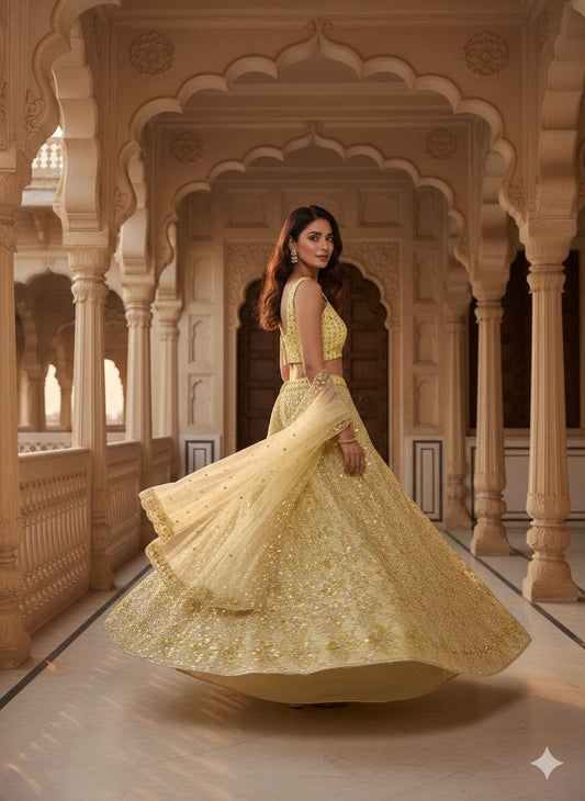 Sunshine Yellow Butterfly Net Embroidered Lehenga Choli Set