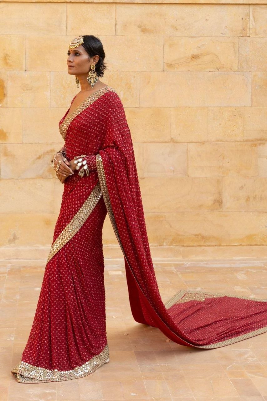 Red Georgette Mirror and Sequence Embroidery Saree