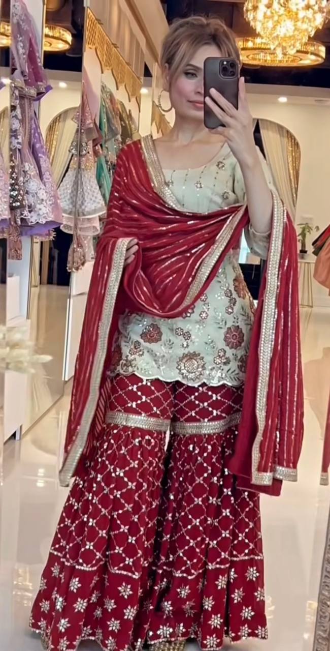Designer Chinon Silk Embroidered Sharara Suit