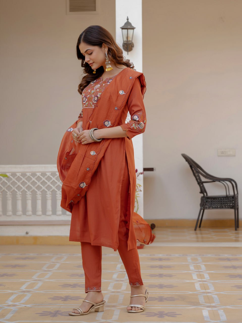 Pure Viscose Mango Silk Embroidered Kurta Set