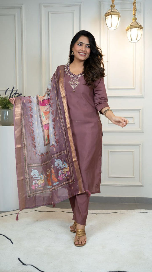 Elegant Mauve Straight Kurta Suit with Printed Dupatta