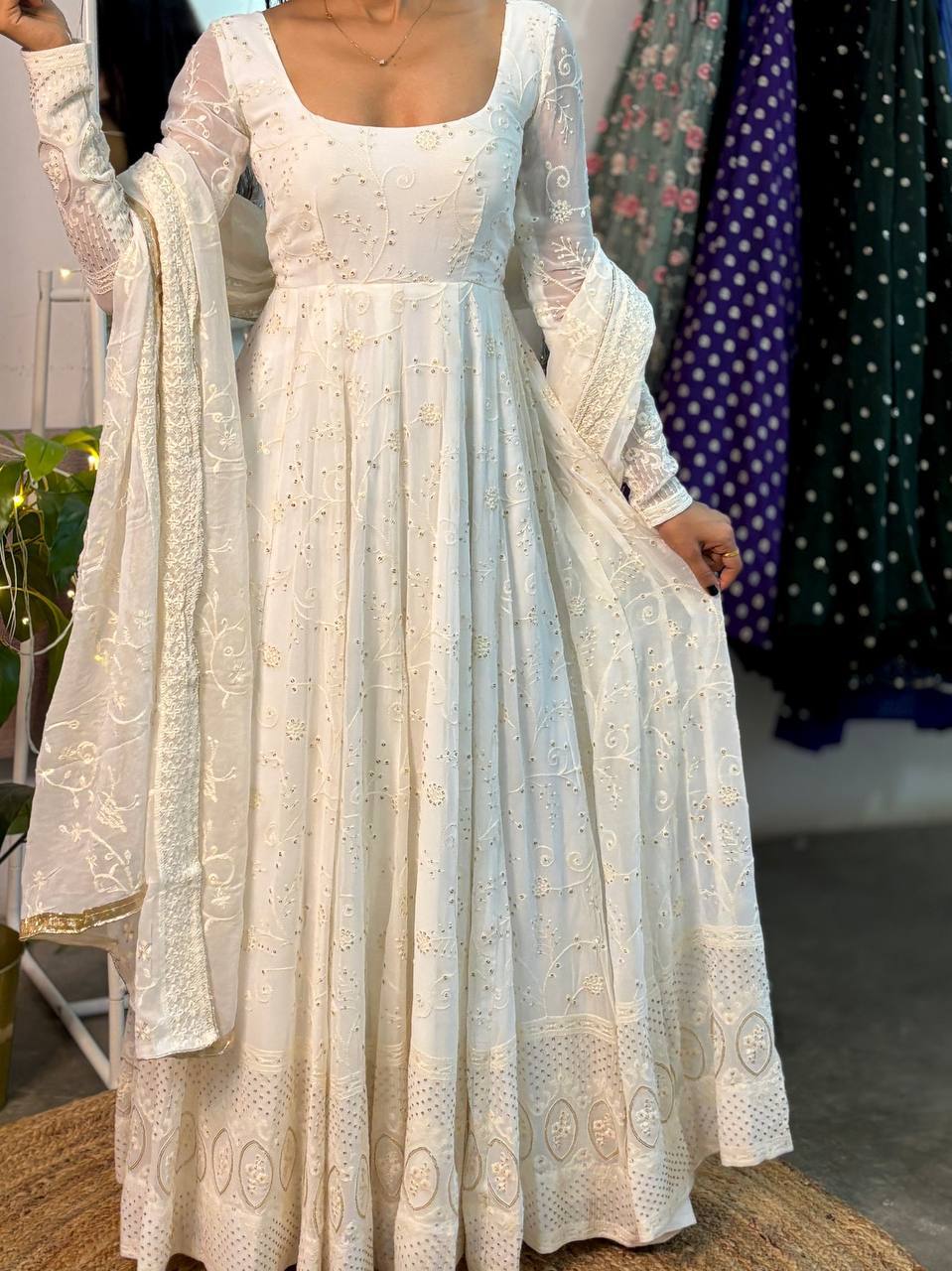 Ivory Embroidered Anarkali Set with Sheer Dupatta