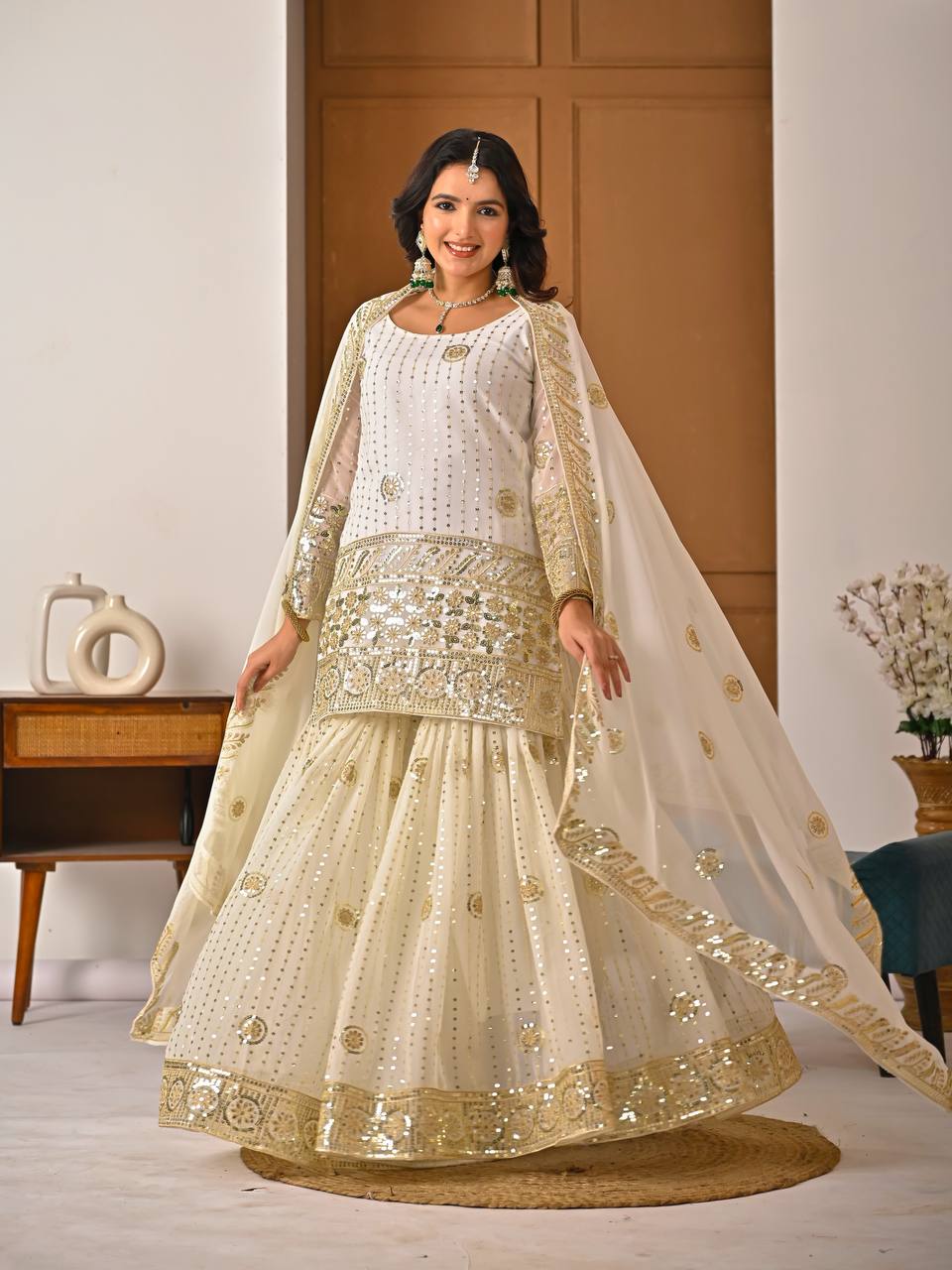 Ivory Embroidered Kurta with Flared Sharara and Dupatta Set