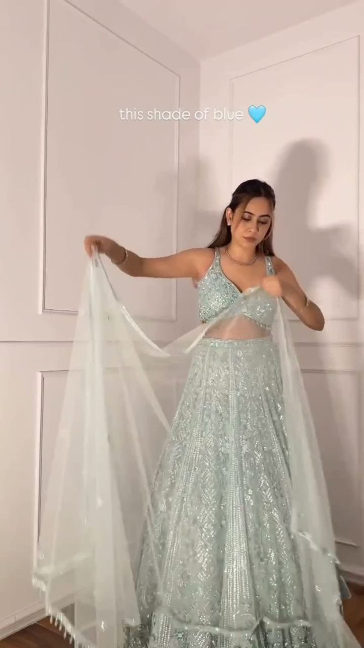 Sky Blue Sequins and Resham Embroidered Net Lehenga Choli Set